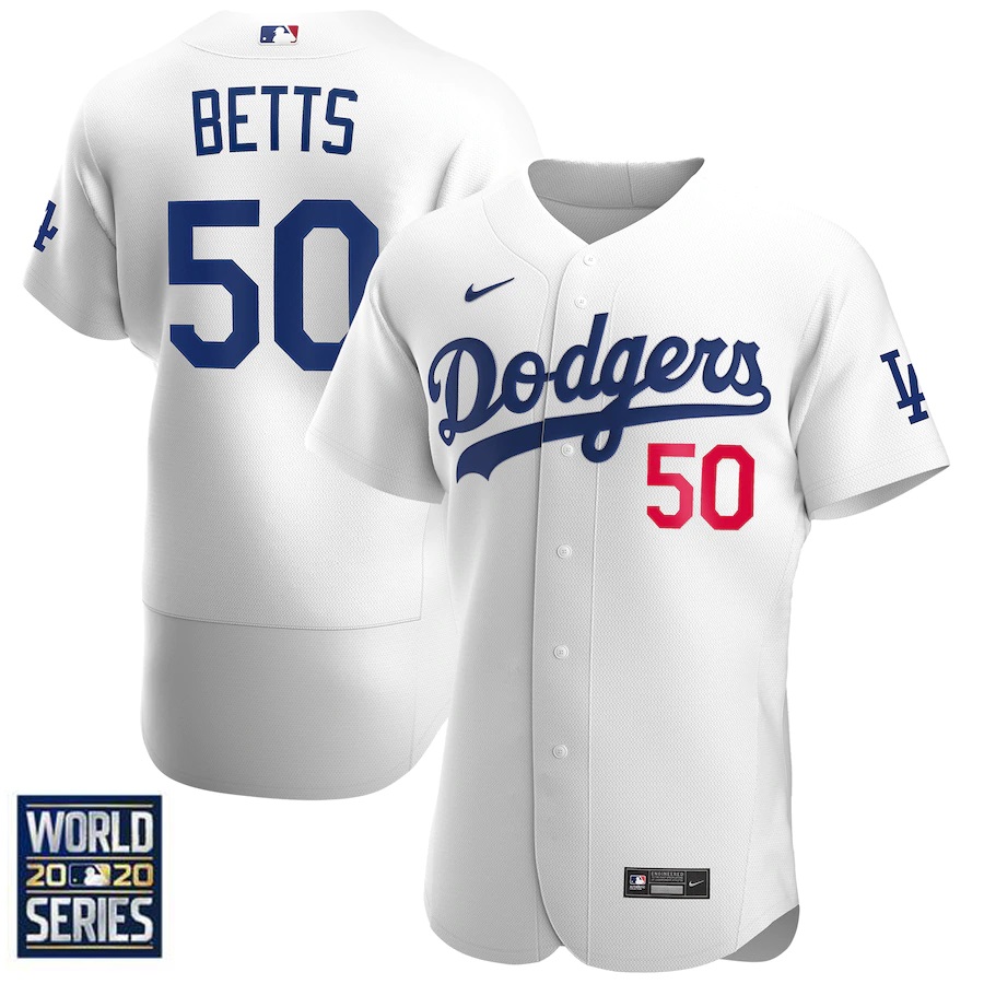 Toddler Los Angeles Dodgers #50 Mookie Betts White MLB 2020 World Series Bound stitched Jersey